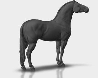 May include: A grayscale 3D rendering of a horse in a standing pose. The horse has a braided mane and tail, with detailed musculature. The image is set against a plain, light background, with a subtle shadow beneath the horse.