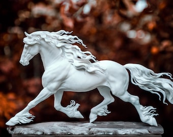 May include: A white sculpture of a running horse with flowing mane and tail. The horse is depicted in a dynamic pose, with its legs extended as if in full gallop. The sculpture is set against a blurred background of autumnal colors.