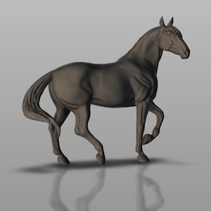 May include: A brown horse statue with a long tail and mane, standing on a grey background.