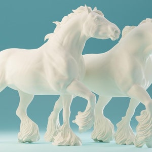 Par de éguas de cavalo shire em escala de libra em pose de puxar, modelo de resina, cavalo, edição LTD, artista, resinas