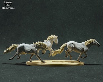 May include: Three white horses running in a circle, painted in a realistic style. The horses are all facing the same direction and have their tails flowing behind them. The horses are on a beige base.