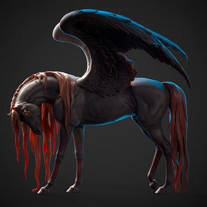 以下が含まれることがあります： 大きな黒い翼と赤い髪を持つ、濃い灰色の神話上の生き物。 生き物は馬の体をしており、4本の足で立っています。 翼は広げられ、頭は下げられています。 背景は濃い灰色です。
