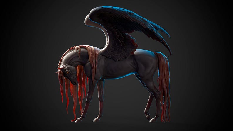 以下が含まれることがあります： 大きな黒い翼と赤い髪を持つ、濃い灰色の神話上の生き物。 生き物は馬の体をしており、4本の足で立っています。 翼は広げられ、頭は下げられています。 背景は濃い灰色です。