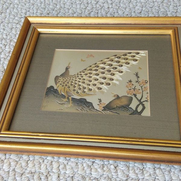 Japanese Chokin Precious Metals Peacock Framed Vintage Artwork