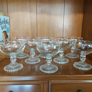 Vintage Champagne Stemware - Bubble Footed Clear Anchor Hocking - Dessert Tall Sherbet Glasses - Hobnail Base - Set of 8