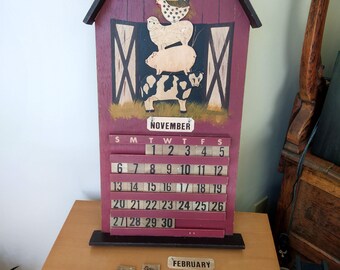 Vintage Wooden Perpetual Calendar - Farmhouse Barn Animals - Cow, Pig, Sheep, Chicken