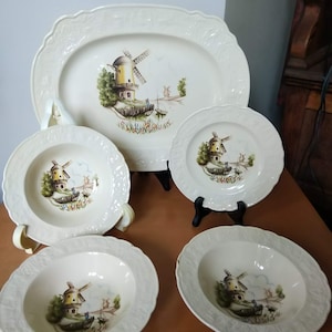 Vintage Windmill by Universal Cambridge Netherlands 1930's Dishes - Platter, Saucer, 3 Bowls