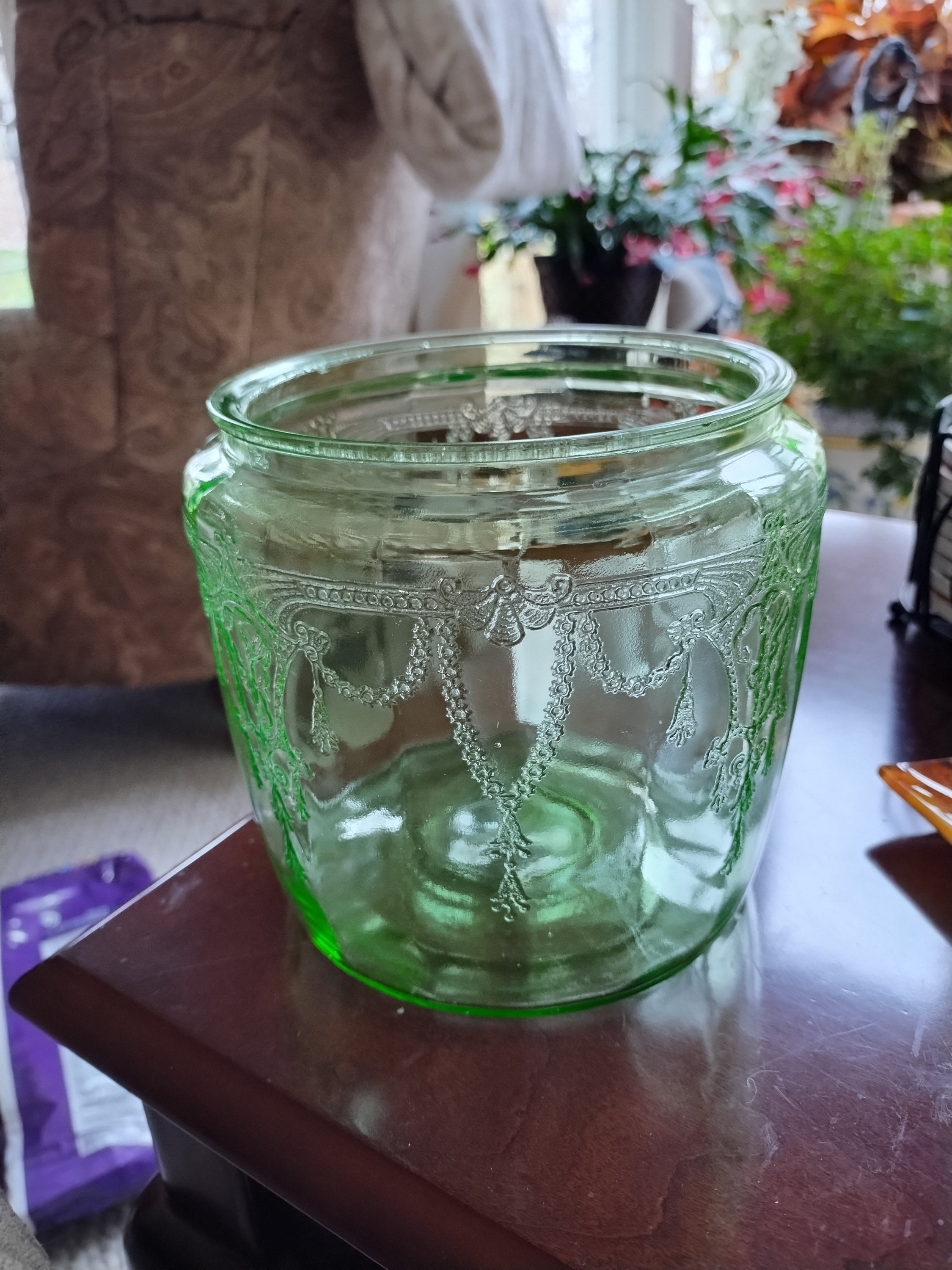 Large Green Depression Glass Ribbed Cookie Jar Canister - Ruby Lane