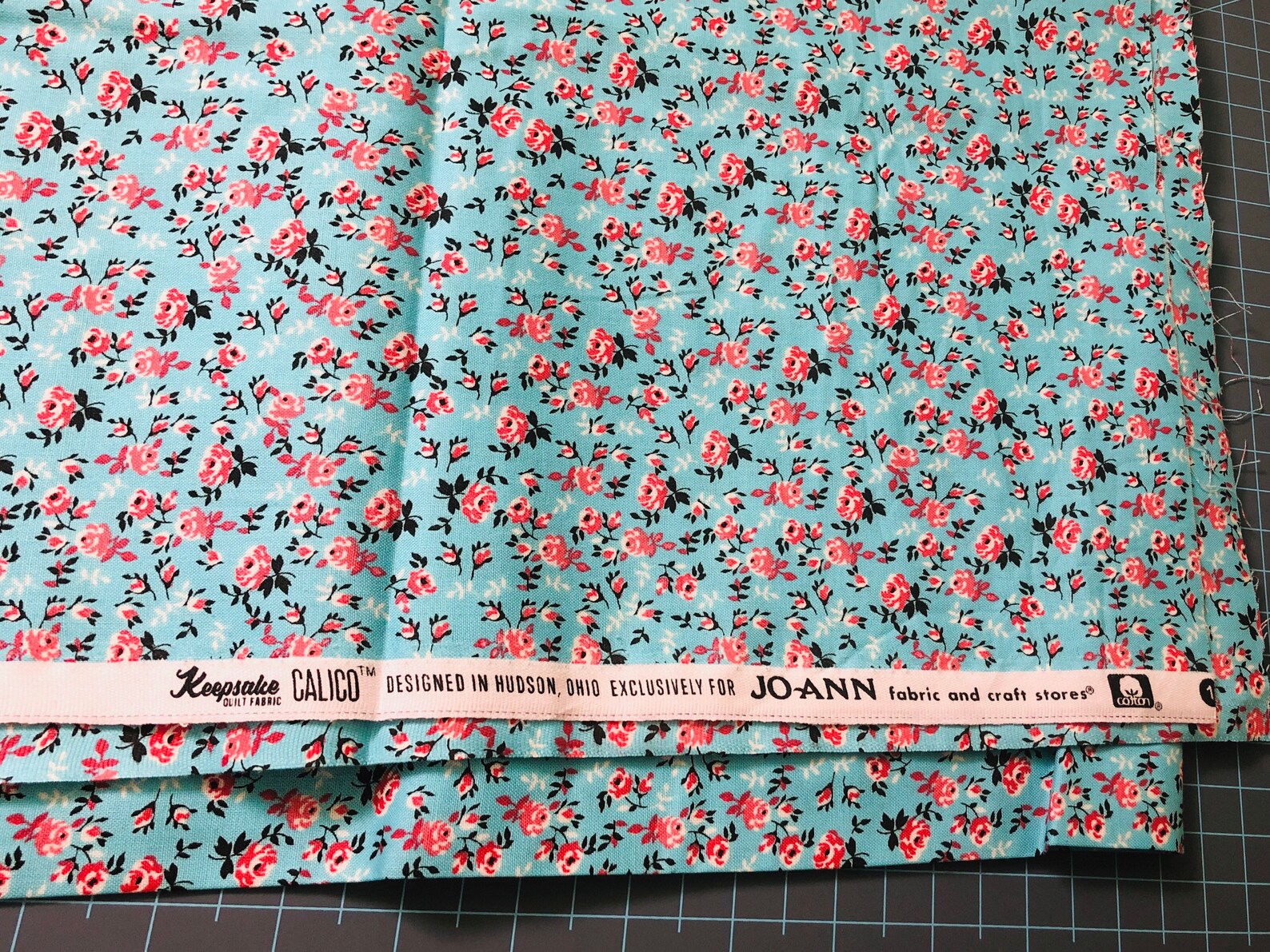 Keepsake quilt fabric red flowers on blue fabric. Etsy