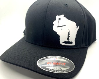 Any State Tip Up Ice Fishing Black Flexfit Fitted Hat | Walleye | Northern Pike |