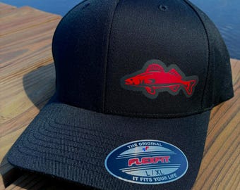 Walleye Fishing Hat Flexfit Fitted Black Hat, Custom State Fishing Hat, Personalized Walleye Hat, Gift for Fisherman