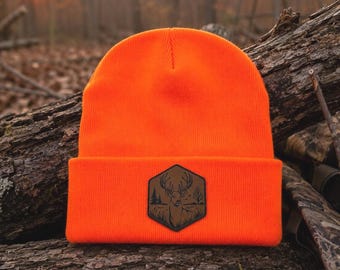 Deer Patch Winter Knit Blaze Orange Cuffed Hat