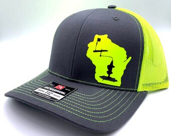 Any State ICE FISHING Tip Up Charcoal and Neon (multiple colors) Adjustable Hat | Walleye | Northern Pike |