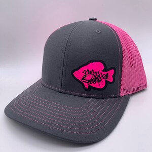 Crappie Fishing Hat – Custom Snapback Trucker Hat (Richardson 112 / Flexfit 110, Multiple Colors) Personalize to Your State Charcoal/Neon Pink