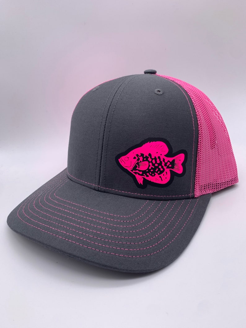 Crappie Fishing Hat – Custom Snapback Trucker Hat (Richardson 112 / Flexfit 110, Multiple Colors) Personalize to Your State Charcoal/Neon Pink