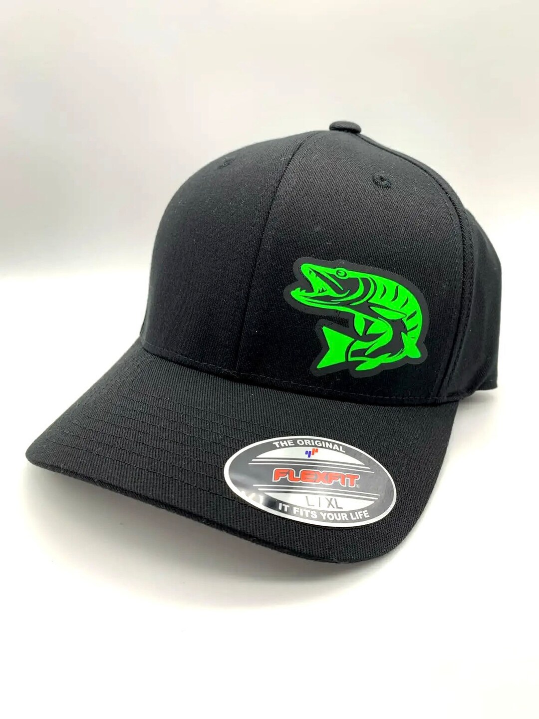 Musky Fishing Black Flexfit Fitted Hat in 3 Sizes Muskie Fish Etsy