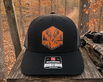 Buck Deer Hunting Hat with Engraved Patch | Richardson 112 & Flexfit 110 Snapback Hat | Deer Hunter Gift | Whitetail Trucker Hat