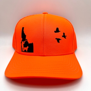 Any State CHUKAR Hunter with Dog Charcoal/Neon Orange or Charcoal/Neon Pink Snap Back Hat or Charcoal/Neon Yellow or Full Blaze Orange