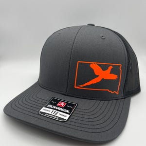 Custom Pheasant Hunting Hat | Any State Upland Bird Hunter Trucker Hat | Richardson 112 Snapback | Bird Hunting Gift for Men R112 Charcoal/Black