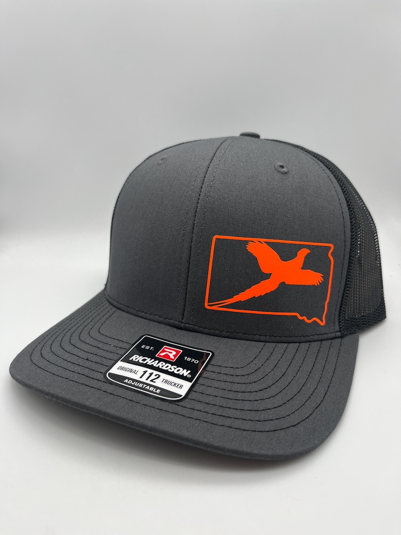 Custom Pheasant Hunting Hat | Any State Upland Bird Hunter Trucker Hat | Richardson 112 Snapback | Bird Hunting Gift for Men R112 Charcoal/Black