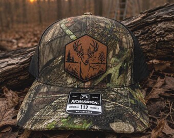 Engraved Buck Patch Trucker Hat | Richardson & Flexfit Snapback | Deer Hunter Gift | Whitetail Trucker Hat | Bottomland and Country DNA Camo