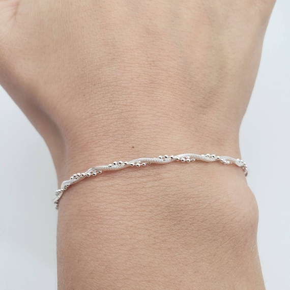 Snake Chain with Faceted Bead Twist Bracelet Anklet Sterling Silver, 9-inch Snake Chain with Faceted Bead Twist Bracelet Anklet Sterling Silver, 9-inch