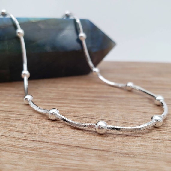 Snake Chain with Faceted Bead Twist Bracelet Anklet Sterling Silver, 9-inch Snake Chain with Faceted Bead Twist Bracelet Anklet Sterling Silver, 9-inch