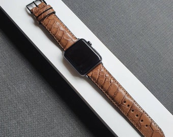Full grain crocodile leather calfskin Apple Watch Series 1 2 3 4 5 6 7 8 Ultra SE watch strap watch band hazelnut brown