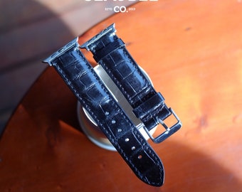 Full grain crocodile leather calfskin Apple Watch Series 1 2 3 4 5 6 7 8 Ultra SE watch strap watch band pitch black Birthday gift