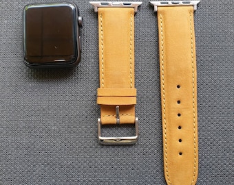 Top grain cow leather Apple Watch Series 1 2 3 4 5 6 7 8 Ultra SE watch strap watch band. Sandy Brown | Tan | English Mustard