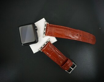 Full grain Crocodile leather calfskin Apple Watch Series 1 2 3 4 5 6 7 8 Ultra SE watch strap watch band Chestnut Brown. Xmas Gift