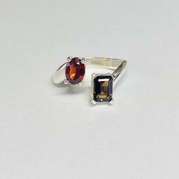 Sterling Silver Genuine Garnet and Smoky Quartz Bypass Ring