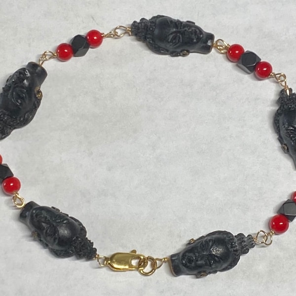 Vintage 1960's Blackamoor & Genuine Azabache Jet and Faux Coral Gold Filled Bracelet