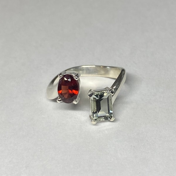 Sterling Silver Genuine Garnet and Green Quartz Bypass Ring