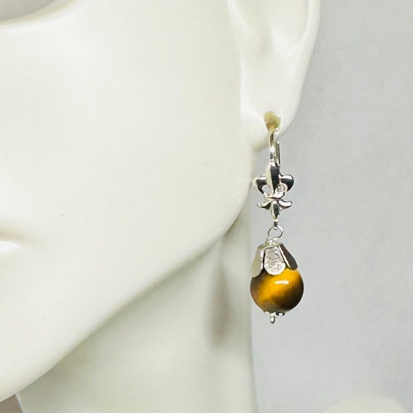 Sterling Silver Genuine 8mm Tiger's Eye Fleur-de-Lis Lever Back Earrings