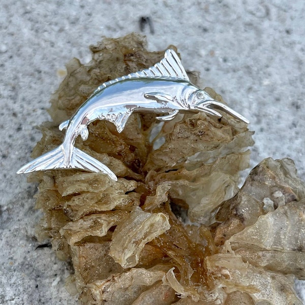 Sterling Silver and Genuine 0.02 carat Diamond 2 Inch Marlin Fish Pendant