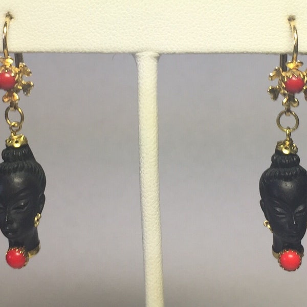 Vintage 1960's 18KT Yellow Gold Italian Corletto Blackamoor & Red Coral Earrings