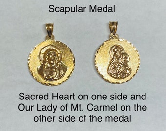 Medalla Escapulario del Sagrado Corazón de Jesús y Nuestra Señora del Monte Carmelo de Oro Amarillo de 14 Quilates (0,84" de Diámetro)
