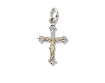 Sterling Silver and 14 Karat Yellow Gold Small Crucifix Pendant (Available with or without Chain)