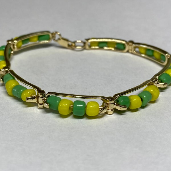 Santeria Babalawo Bracelet - Black Stainless Steel With Green & Yellow Beads, 8 Inch