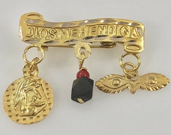 10Kt Gold Dios Me Bendiga with Genuine Azabache, Guardian Angel & Saint Lucia Eyes Scroll Baby Pin