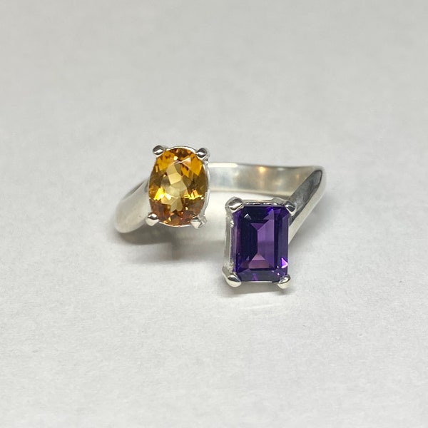 Sterling Silver Genuine Citrine and Amethyst Bypass Ring