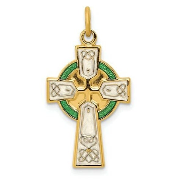 Sterling Silver & 18K Gold-Plated White and Green Enameled Celtic Irish Cross Pendant