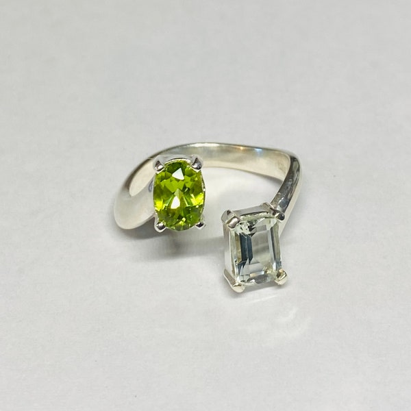 Sterling Silver Genuine Peridot and Green Quartz Bypass Ring
