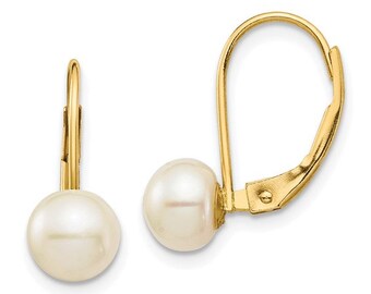 14K Yellow Gold 6-7mm White Button Freshwater Cultured Pearl Leverback Earrings