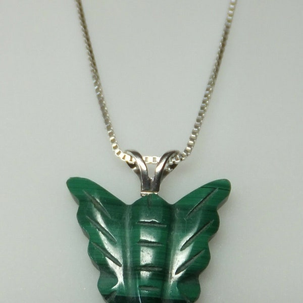 Green Malachite Butterfly Pendant with Silver Chain