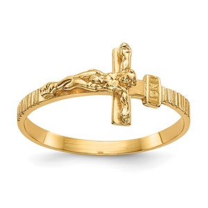 14K Yellow Gold Polished Jesus Crucifix Band Dainty Ring