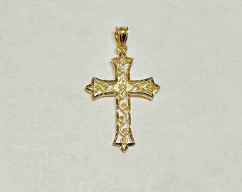 14 Karat Yellow Gold Filigree Cross Pendant with Genuine Diamond