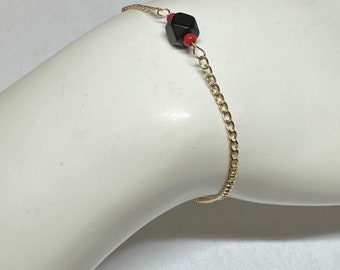 10 Karat Yellow Gold Genuine 6mm Azabache Jet and Coral Bead Curb Link Bracelet