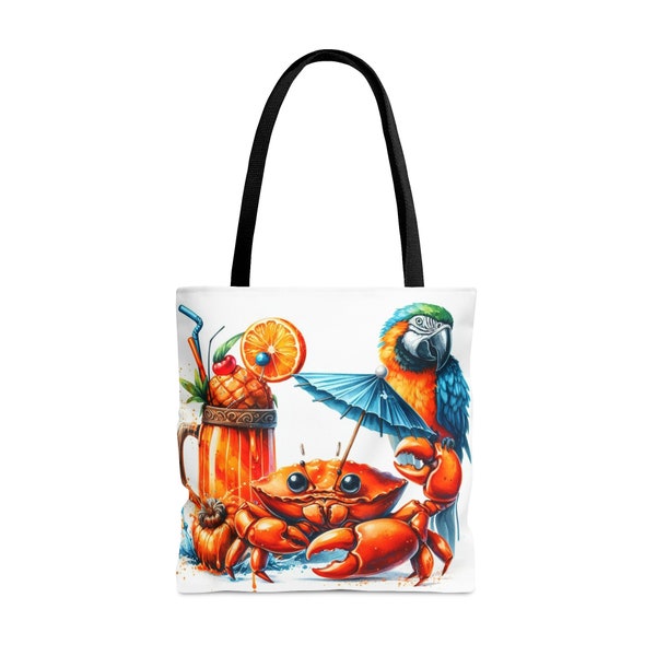 Crab in paradise going on vacation with his macaw parrot friend Tote Bag Ready for laughs and fun seaside